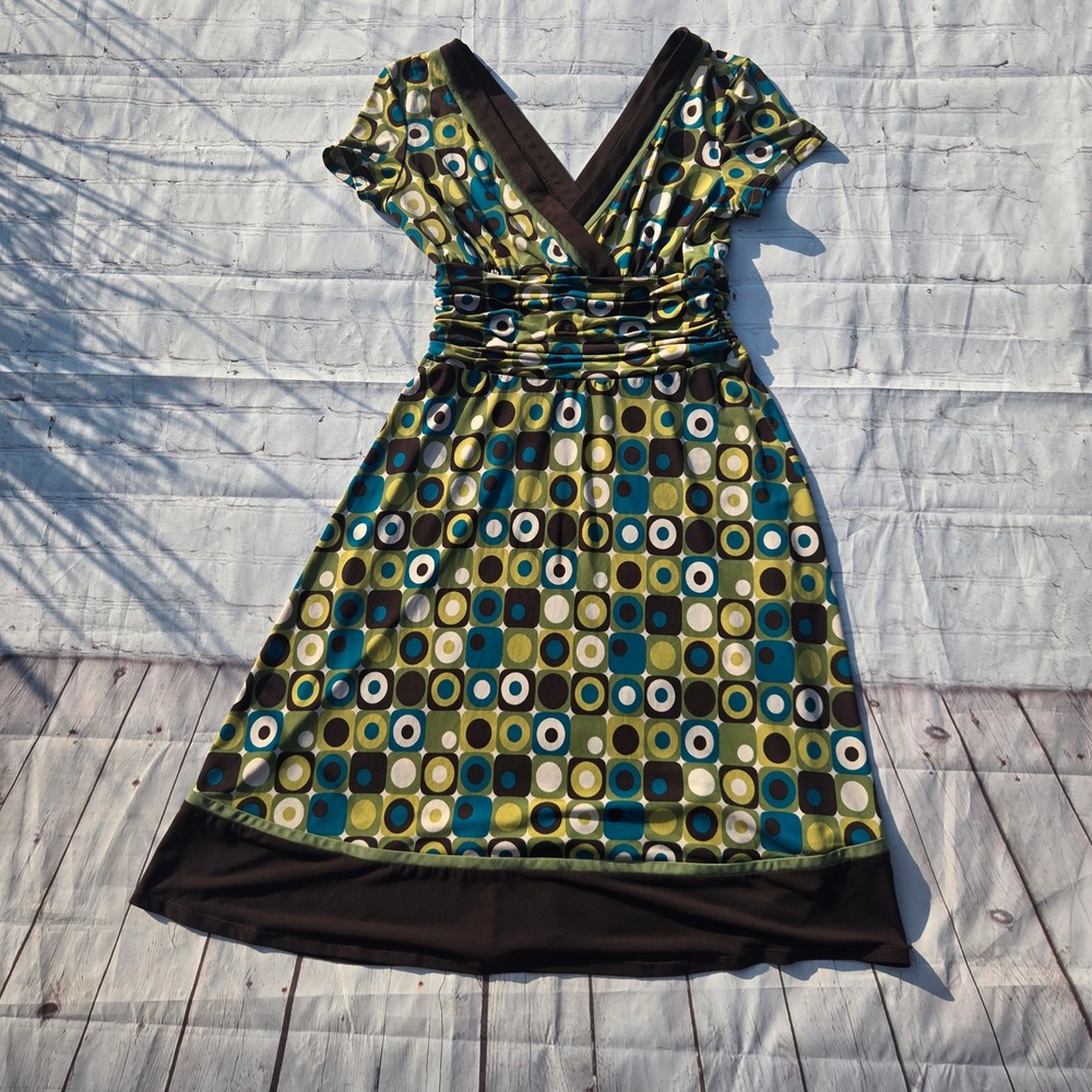 Sandra Darren Womens Retro Y2K Geometric Print Ruched Empire Waist Dress Size 10